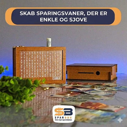 Sparebøsse i træ med tæller og krydsfelt